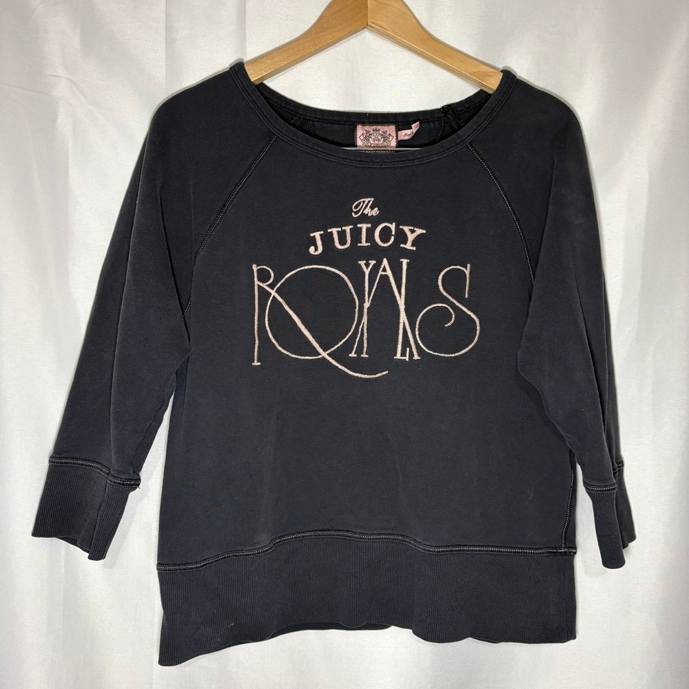 Vintage Juicy Couture The Juicy Royals Sweatshirt Black Pink 3/4 Sleeve Large